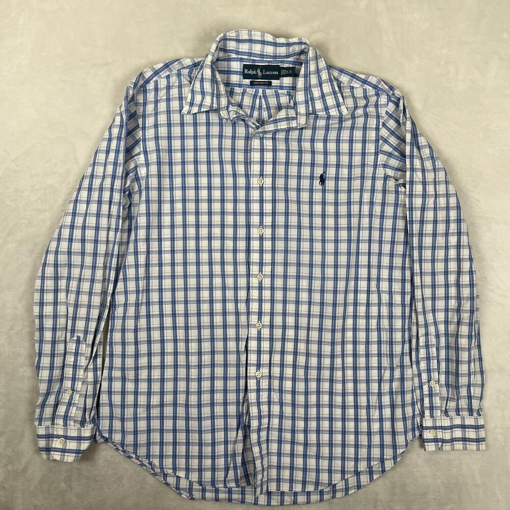 Ralph Lauren Shirt Mens Large Blue Plaid Long Sleeve Button Front Custom Fit